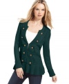 Shape up your look in Debbie Morgan's military-inspired petite cardigan - decorative buttons and a pretty ruffled peplum add a daring dash of style!