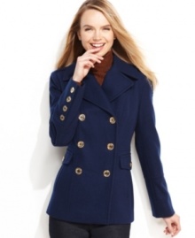 Bold hardware gives the classic pea coat an instant update. MICHAEL Michael Kors' topper also features three inverted pleats around the back hem for a contemporary, fresh look. Bold hardware gives the classic pea coat an instant update. MICHAEL Michael Kors' topper also features three inverted pleats around the back hem for a contemporary, fresh look.