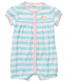 She will be ready for the sun in this adorable bodysuit with embroidery details from Carter's. Has snaps at front and leg openings for easy changes. She will be ready for the sun in this adorable bodysuit with embroidery details from Carter's. Has snaps at front and leg openings for easy changes.