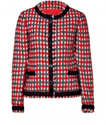 Classic sophistication goes quirky-cool with this vibrant plaid boucle jacket from Moschino Cheap & Chic - Round collar with black knit trim, concealed front placket with contrasting trim and silver-tone vintage-inspired charms, slit pockets at waist with trim and charms, all-over plaid printed knit, cropped silhouette - Wear with a figure-hugging pencil skirt and platform pumps