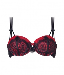 Get the sultry glamorous look of a vintage pin up girl in Von Follies by Dita Von Teeses black and luxury red 40s-inspired eyelash lace balconette bra - Underwire style with wired sides, lightly padded structured cups, slinky lightweight satin under black eyelash lace, fishnet sides, triple thin satin straps, iconic soft elastic triangle cross back detail, adjustable back hook-and-eye closures - Wear with the matching garter belt for a seriously seductive look Get the sultry glamorous look of a vintage pin up girl in Von Follies by Dita Von Teeses black and luxury red 40s-inspired eyelash lace balconette bra - Underwire style with wired sides, lightly padded structured cups, slinky lightweight satin under black eyelash lace, fishnet sides, triple thin satin straps, iconic soft elastic triangle cross back detail, adjustable back hook-and-eye closures - Wear with the matching garter belt for a seriously seductive look