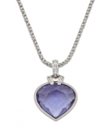 Splash your neckline with this lovable heart pendant in a bright pool of color. Swarovski necklace features a heart-shaped oceanic tanzanite set in silver tone mixed metal with clear crystal accents at the bail. Approximate length: 15-7/8 inches. Approximate drop: 1-3/4 inches.