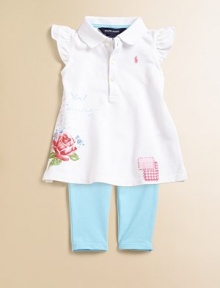 Perfectly paired with a brightly hued stretch legging, a timeless polo tunic in breathable cotton mesh is sweetly adorned with pretty patchwork and a floral graphic print.Ribbed polo collarShort flutter sleevesFront button placketFlared hem with gingham twill patchesElastic waistbandTunic: CottonLeggings: 78% cotton/22% polyesterMachine washImported Please note: Number of buttons may vary depending on size ordered. Perfectly paired with a brightly hued stretch legging, a timeless polo tunic in breathable cotton mesh is sweetly adorned with pretty patchwork and a floral graphic print.Ribbed polo collarShort flutter sleevesFront button placketFlared hem with gingham twill patchesElastic waistbandTunic: CottonLeggings: 78% cotton/22% polyesterMachine washImported Please note: Number of buttons may vary depending on size ordered.