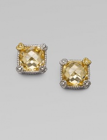 A radiantly faceted canary quartz cushion is cradled in a sterling silver setting, with heart-shaped prongs, one of yellow gold with a diamond accent. Diamonds, 0.008 tcw Canary quartz Sterling silver and 18k yellow gold About ¼ square Post back Made in USA