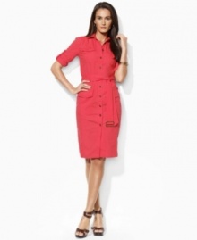 Designed in crisp cotton poplin, this Lauren by Ralph Lauren shirtdress exudes casual sophistication with a cinched belted waist and versatile roll-tab sleeves. Designed in crisp cotton poplin, this Lauren by Ralph Lauren shirtdress exudes casual sophistication with a cinched belted waist and versatile roll-tab sleeves.