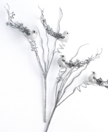 Glistening beauty. These precious birds nest upon your tree in shimmering silver and white sparkles for a festive air. Twist and bend the branches to get the perfect setup. Glistening beauty. These precious birds nest upon your tree in shimmering silver and white sparkles for a festive air. Twist and bend the branches to get the perfect setup.