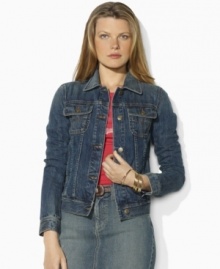 Forever classic and always chic, Lauren Jeans Co.'s soft jean jacket is rendered in washed denim for a timeworn look and feel. Forever classic and always chic, Lauren Jeans Co.'s soft jean jacket is rendered in washed denim for a timeworn look and feel.