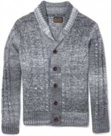 Lucky Brand does a chunky, masculine version of the shawl-collared cardigan that's just made to go with your vintage jeans and corduroys. Lucky Brand does a chunky, masculine version of the shawl-collared cardigan that's just made to go with your vintage jeans and corduroys.