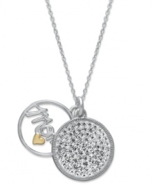 Tell mom how you really feel this Mother's Day. This double circle pendant features the word Mom in a cut-out circle setting with a 14k gold over sterling silver heart accent. The second disc is covered with pave-set crystals for extra shine. Crafted in sterling silver. Approximate length: 18 inches. Approximate drop: 1 inch. Tell mom how you really feel this Mother's Day. This double circle pendant features the word Mom in a cut-out circle setting with a 14k gold over sterling silver heart accent. The second disc is covered with pave-set crystals for extra shine. Crafted in sterling silver. Approximate length: 18 inches. Approximate drop: 1 inch.
