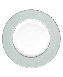 A serene light blue inspired by Monique Lhuillier's favorite evening gown silks lends soft contrast to the rest of the Étoile Platinum collection of dinnerware and dishes. In pearlescent china with glossy raised dots and fine stitch-like detail. A serene light blue inspired by Monique Lhuillier's favorite evening gown silks lends soft contrast to the rest of the Étoile Platinum collection of dinnerware and dishes. In pearlescent china with glossy raised dots and fine stitch-like detail.