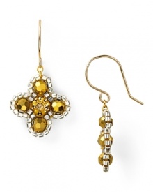 An ornate floral pattern formed from beautiful 14-karat gold, Swarovski crystals, and bronze beads, Miguel Ases' drop earrings are a captivating jewelry choice. An ornate floral pattern formed from beautiful 14-karat gold, Swarovski crystals, and bronze beads, Miguel Ases' drop earrings are a captivating jewelry choice.