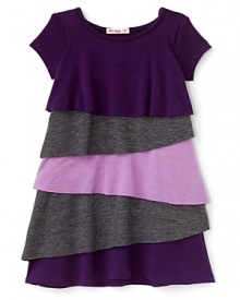 Little Ella's cap sleeve dress features bold, on-trend asymmetric ruffles in different hues. Pairs perfectly with a variety of leggings. Little Ella's cap sleeve dress features bold, on-trend asymmetric ruffles in different hues. Pairs perfectly with a variety of leggings.