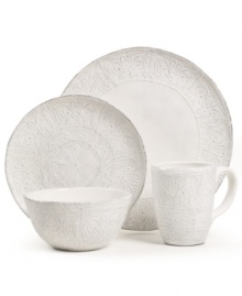 Get a feel for French style with delicately embossed Blanc Colette dinnerware from Versailles Maison. Romantic scrolling vines encircle rustic earthenware with a simple white glaze and irresistible charm. Get a feel for French style with delicately embossed Blanc Colette dinnerware from Versailles Maison. Romantic scrolling vines encircle rustic earthenware with a simple white glaze and irresistible charm.