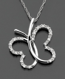 Sweet and wonderful whimsy. Diamond accents add a touch of sparkle to the 14k white gold butterfly pendant. Chain measures 16 inches; drop measures 5/8 inch. Sweet and wonderful whimsy. Diamond accents add a touch of sparkle to the 14k white gold butterfly pendant. Chain measures 16 inches; drop measures 5/8 inch.