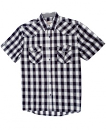 Square off in your weekend wardrobe with this bold plaid shirt from No Retreat. Square off in your weekend wardrobe with this bold plaid shirt from No Retreat.