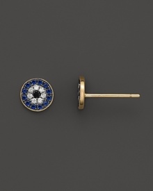 Dazzling diamond and sapphire evil eye stud earrings in yellow gold from Meira T. Dazzling diamond and sapphire evil eye stud earrings in yellow gold from Meira T.