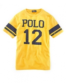 A Polo Graphic Tee is rendered in soft cotton for a classic look. A Polo Graphic Tee is rendered in soft cotton for a classic look.