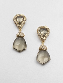 From the Miss Havisham Collection. Shield-shaped drops of faceted smokey quartz exude elegance as they hang from pyrite and white quartz doublets framed in dazzling Swarovski crystals.CrystalWhite quartz, smokey quartz and pyriteGoldtoneLength, about 3.25Post backMade in USA