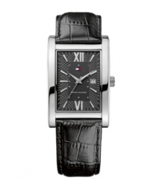 Be the dashing gentleman you are and add this classic watch by Tommy Hilfiger to your repertoire. Black croc-embossed leather strap and rectangular silvertone mixed metal case. Textured black dial features silvertone Roman numerals and stick indices, date window at three o'clock and iconic flag logo at twelve o'clock. Quartz movement. Water resistant to 30 meters. Ten-year limited warranty.