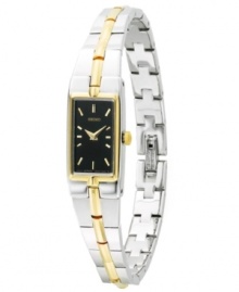 A sleek and modern timepiece that goes easily from office to elegant evening out. Rectangular black dial with gold-tone hands and markers. Stainless steel bracelet with gold-tone accents. Three-year limited warranty. 14mm.