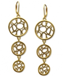 Catch free-spirited fashion with these triple-drop earrings from T Tahari's Essentials collection. The circular pendants feature openwork designs. Nickel-free for sensitive skin. Crafted in 14k gold-plated mixed metal. Approximate drop: 3 inches.