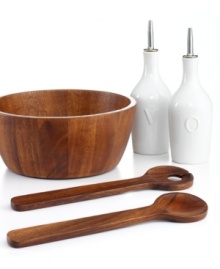Wood works. Beautifully crafted in rich acacia wood, this salad bowl and servers bring a casual, organic feel to any gathering. Ceramic olive oil and vinegar pourers make it a complete set and great gift. From The Cellar's collection of serveware and serving dishes. Wood works. Beautifully crafted in rich acacia wood, this salad bowl and servers bring a casual, organic feel to any gathering. Ceramic olive oil and vinegar pourers make it a complete set and great gift. From The Cellar's collection of serveware and serving dishes.