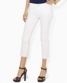 An essential cropped denim jean features a slim, straight leg and a hint of stretch for a versatile, modern look from Lauren Jeans Co. An essential cropped denim jean features a slim, straight leg and a hint of stretch for a versatile, modern look from Lauren Jeans Co.
