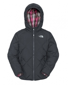 The North Face® reversible hooded down jacket -- one side in plaid and the other in a smooth, quilted solid -- for two distinctly sporty looks. The North Face® reversible hooded down jacket -- one side in plaid and the other in a smooth, quilted solid -- for two distinctly sporty looks.