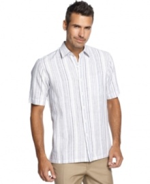 A laid-back style. Relax in this striped linen-blend shirt from Tasso Elba knowing your look is staying fresh.