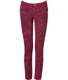 Stylish jeans in fine, dark red print cotton blend - Especially comfortable, thanks to a touch of stretch - On-trend, eye-catching graphic print - Low rise, curve-hugging skinny cut with belt loops and button closure - Rear pockets sit slightly lower, lifting and flattering the rear - The detail we love: gold zipper embellishment at cuffs - pair with streamlined t-shirts and button downs, or with an oversize silk top