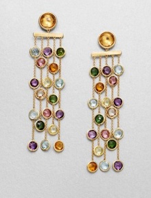 From the Mini Jaipur Collection. Colorful strands of semi-precious, faceted stones set in hand-engraved 18k gold.May include amethyst, light amethyst, green amethyst, iolite, garnet, green garnet, orange garnet, tourmalines, citrine, lemon citrine, peridot, pink quartz, smoky quartz and topaz18k goldLength, about 3Post backMade in ItalyPlease note: Stones may vary. 