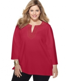 Stock up on a casually chic look with Charter Club's three-quarter sleeve plus size tunic top, accented by elegant embroidery-- enjoy multiple colors at an Everyday Value price! Stock up on a casually chic look with Charter Club's three-quarter sleeve plus size tunic top, accented by elegant embroidery-- enjoy multiple colors at an Everyday Value price!