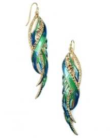 Get ready for take off! RACHEL Rachel Roy's fashionista-friendly feather earrings combine bright blue, green and topaz-hued glass accents in a gold-plated mixed metal setting. Approximate drop: 3-1/2 inches. Get ready for take off! RACHEL Rachel Roy's fashionista-friendly feather earrings combine bright blue, green and topaz-hued glass accents in a gold-plated mixed metal setting. Approximate drop: 3-1/2 inches.