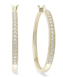 Up your glam factor. Yell'Ora's trendy hoop earrings showcase round-cut diamonds front and center (1/2 ct. t.w.). Base metal made from a combination of pure gold, sterling silver and palladium. Approximate diameter: 1-1/10 inches. Up your glam factor. Yell'Ora's trendy hoop earrings showcase round-cut diamonds front and center (1/2 ct. t.w.). Base metal made from a combination of pure gold, sterling silver and palladium. Approximate diameter: 1-1/10 inches.