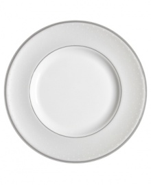 Fashion-forward design for the table, the Pointe d'esprit dinner plate from Monique Lhuillier features a softly textured pearlescent gray border inspired by tulle. Fashion-forward design for the table, the Pointe d'esprit dinner plate from Monique Lhuillier features a softly textured pearlescent gray border inspired by tulle.