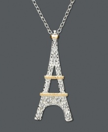 Sophisticated and chic, this Eiffel Tower pendant is Tres Magnifique! Necklace features round-cut diamond (1/10 ct. t.w.) in an 18k gold and sterling silver setting. Approximate length: 18 inches. Approximate drop: 1 inch. Sophisticated and chic, this Eiffel Tower pendant is Tres Magnifique! Necklace features round-cut diamond (1/10 ct. t.w.) in an 18k gold and sterling silver setting. Approximate length: 18 inches. Approximate drop: 1 inch.