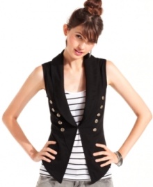 A cool formation of crest buttons equip this vest with stately, military style.