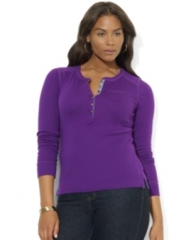 Lauren Ralph Lauren's classic crewneck plus size Henley is accented by unexpected elements of chambray at the placket and a charming patch pocket Lauren Ralph Lauren's classic crewneck plus size Henley is accented by unexpected elements of chambray at the placket and a charming patch pocket