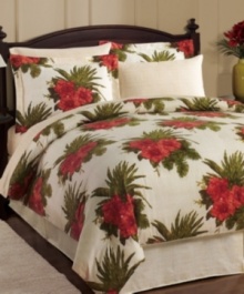 Make your escape. Featuring blooming botanicals on a subtle basketweave design, the Aruba comforter set has everything you need to transform your bedroom into a tropical retreat. Coordinating sheeting completes the look with style.