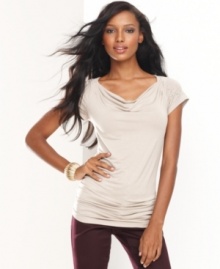 What a stud: metallic embellishments add an edgy air to a softly draped petite top from INC.