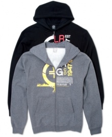 Here's a hoodie with enough style to sub for sports jacket: LRG Split Tek with zip up front and graphic print. Here's a hoodie with enough style to sub for sports jacket: LRG Split Tek with zip up front and graphic print.