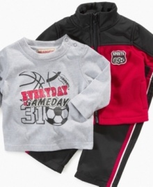 Your little sport will be geared up for cuteness in this Kids Headquarters jacket, pants and tee set. Your little sport will be geared up for cuteness in this Kids Headquarters jacket, pants and tee set.
