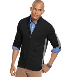 Cover up for cold months with this sporty, relaxed full-zip ski sweater from Kenneth Cole. Contrast stripe detailing gives this style just the right amount of color. Cover up for cold months with this sporty, relaxed full-zip ski sweater from Kenneth Cole. Contrast stripe detailing gives this style just the right amount of color.