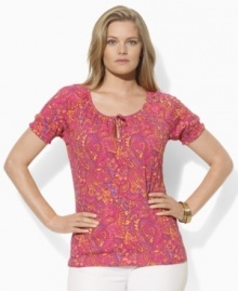 A colorful paisley print lends graphic elegance to this plus size short-sleeved top from Lauren by Ralph Lauren, designed in light-as-air tissue cotton with smocked cuffs and a chic keyhole at the front.