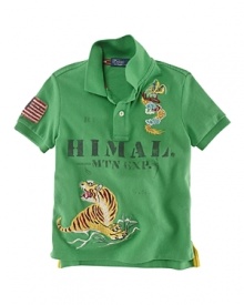 An array of embroidery and screen-printed details give a modern update to a classic polo. An array of embroidery and screen-printed details give a modern update to a classic polo.
