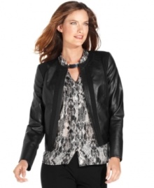 Lend instant edge to your look this season with Jones New York Signature's faux leather petite jacket!