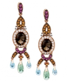 A spectacular spectrum from Le Vian. These oval drop earrings, set in 14k rose gold, show a vibrant touch with oval smokey quartz (3-1/5 ct. t.w.), and round-cut white topaz (5/8 ct. t.w.), citrine (3/8 ct. t.w.) and rhondolite (3/8 ct. t.w.). Descending from the earrings, round sky-blue topaz (1-3/4 ct. t.w.) and amethyst (1-3/8 ct. t.w.) raise the style factor. Approximate drop: 1-9/10 inches. A spectacular spectrum from Le Vian. These oval drop earrings, set in 14k rose gold, show a vibrant touch with oval smokey quartz (3-1/5 ct. t.w.), and round-cut white topaz (5/8 ct. t.w.), citrine (3/8 ct. t.w.) and rhondolite (3/8 ct. t.w.). Descending from the earrings, round sky-blue topaz (1-3/4 ct. t.w.) and amethyst (1-3/8 ct. t.w.) raise the style factor. Approximate drop: 1-9/10 inches.
