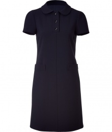 Inject preppy-cool style with a modern twist into your workweek look with this dress from Jil Sander Navy - Peter Pan collar, front button half placket, short sleeves, patch pockets at waist, front seam detail, A-line silhouette - Style with a cashmere cardigan and peep-toe heels