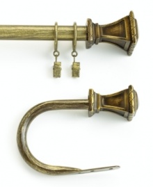 Decorative etching and an aged gold finish give this drapery rod a handsome, stately look. Rod and brackets crafted of steel; finial is resin. Decorative etching and an aged gold finish give this drapery rod a handsome, stately look. Rod and brackets crafted of steel; finial is resin.