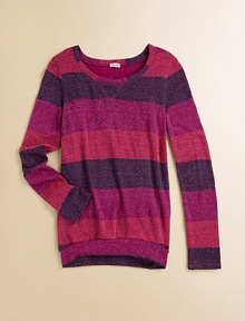 Glittery sparkles top this long-sleeve design with wide horizontal stripes in rich berry hues. ScoopneckLong sleevesBanded hemPullover styleBody: rayon/lurexTrim: modal/cottonMachine washImported Glittery sparkles top this long-sleeve design with wide horizontal stripes in rich berry hues. ScoopneckLong sleevesBanded hemPullover styleBody: rayon/lurexTrim: modal/cottonMachine washImported